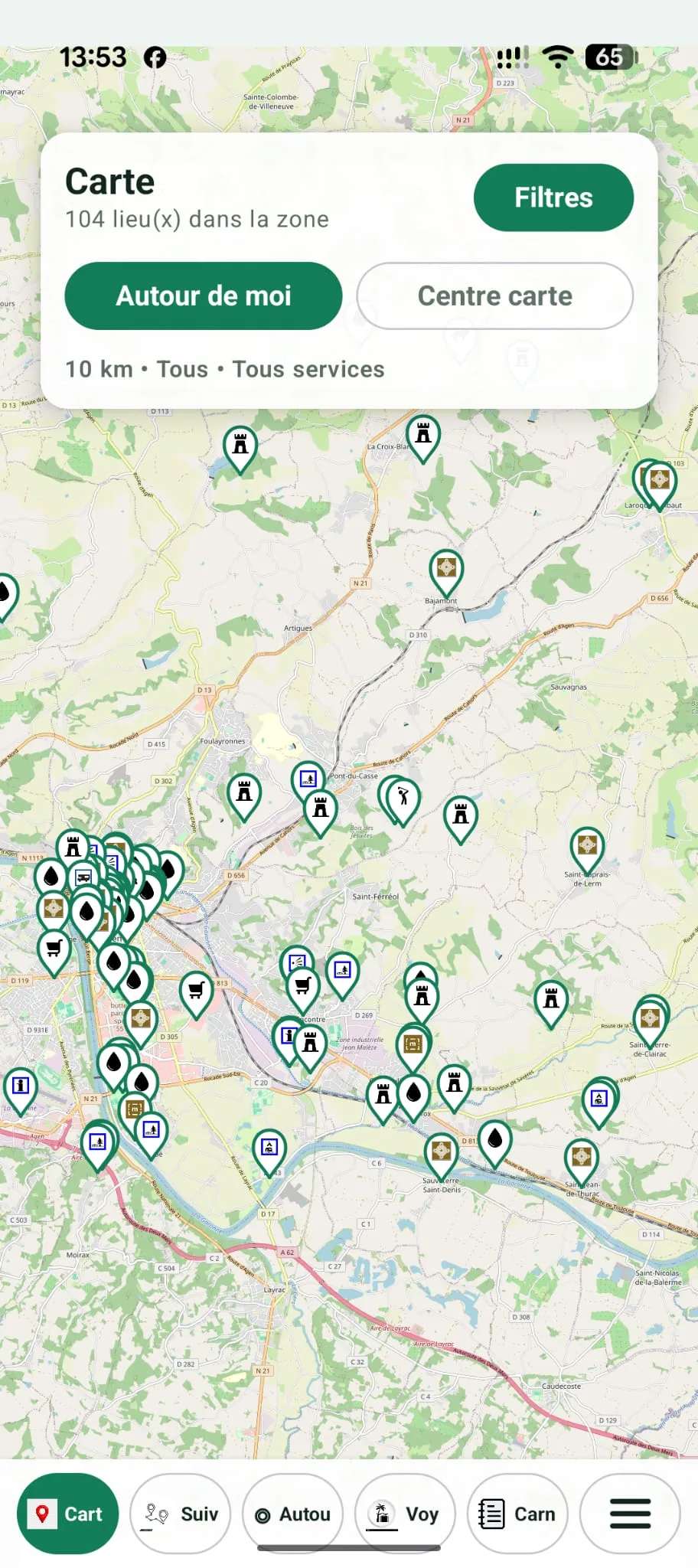 Application Android RoadCache affichant les lieux disponibles autour d’Agen